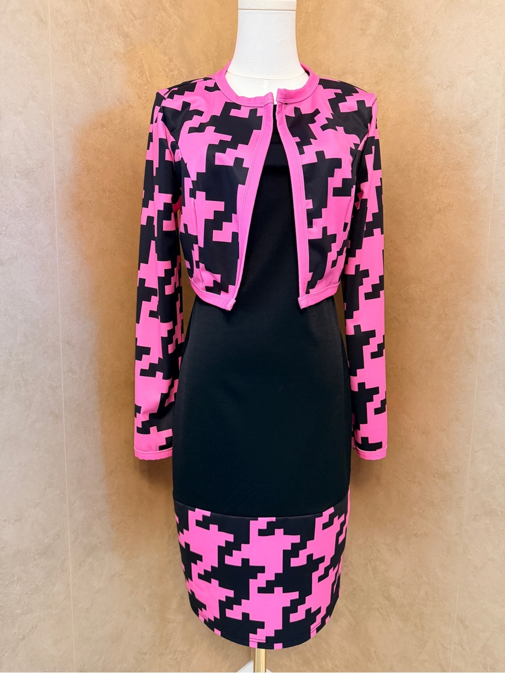 SHEIN Pink and Black Strapless Dress with Matching Cropped Jacket